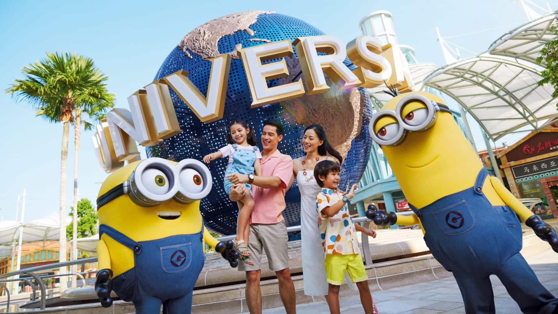 Family at Universal Studios Singapore Globe with the Minions