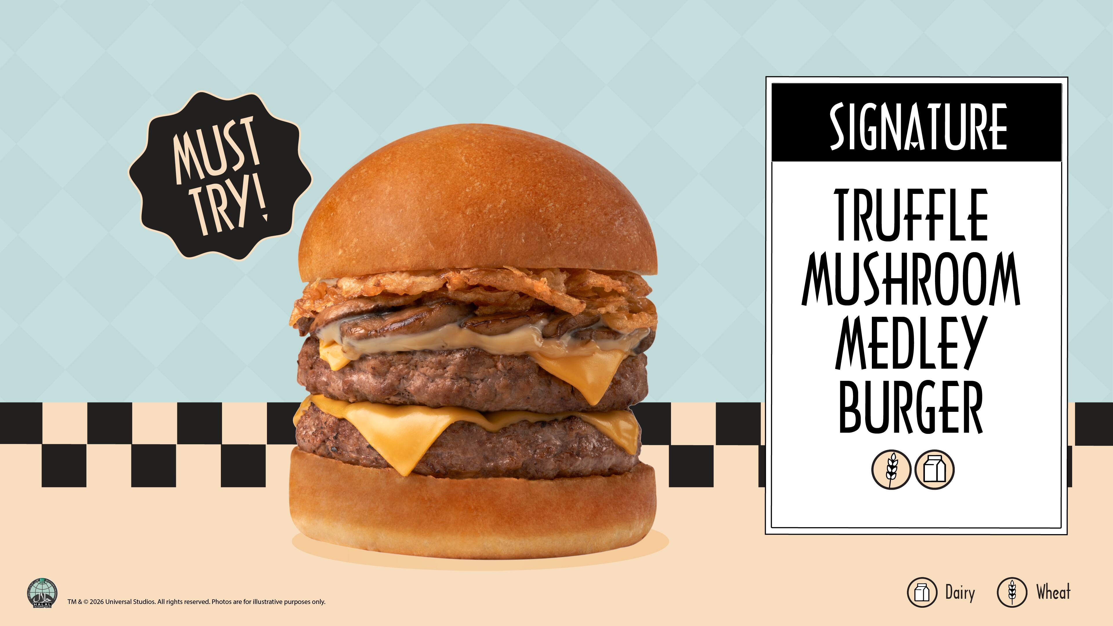 Must-try Signature Truffle Mushroom Medley Burger, now available at Mel's Drive-In in Universal Studios Singapore.