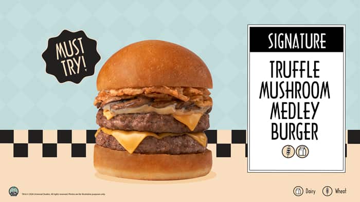 Must-try Signature Truffle Mushroom Medley Burger, now available at Mel's Drive-In in Universal Studios Singapore.