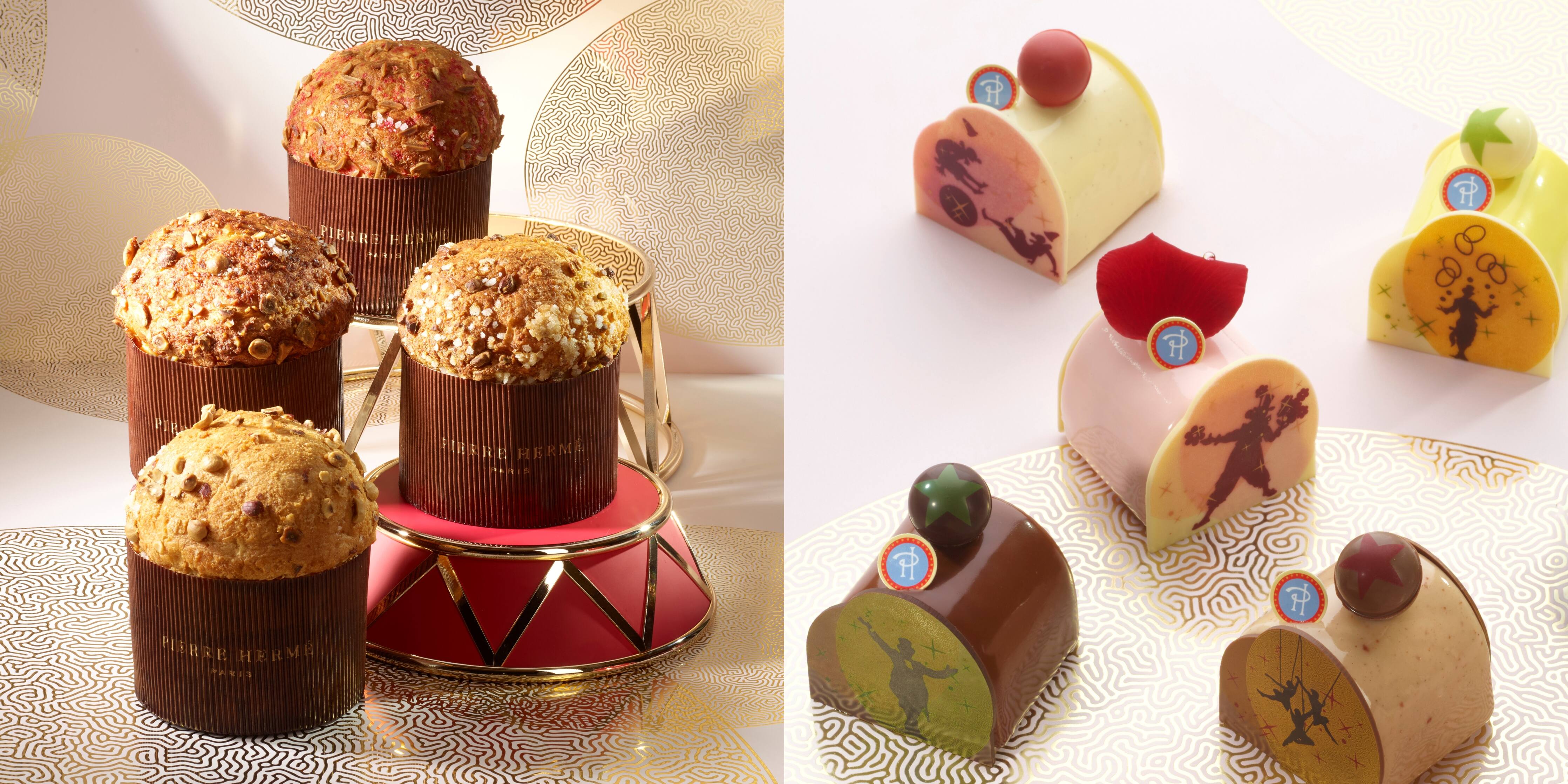 Season of Joy - Resorts World Sentosa - Pierre Hermé Paris' festive collection includes the signature Panettone creations (left) and the Anthea and Envie festive cakes (right).