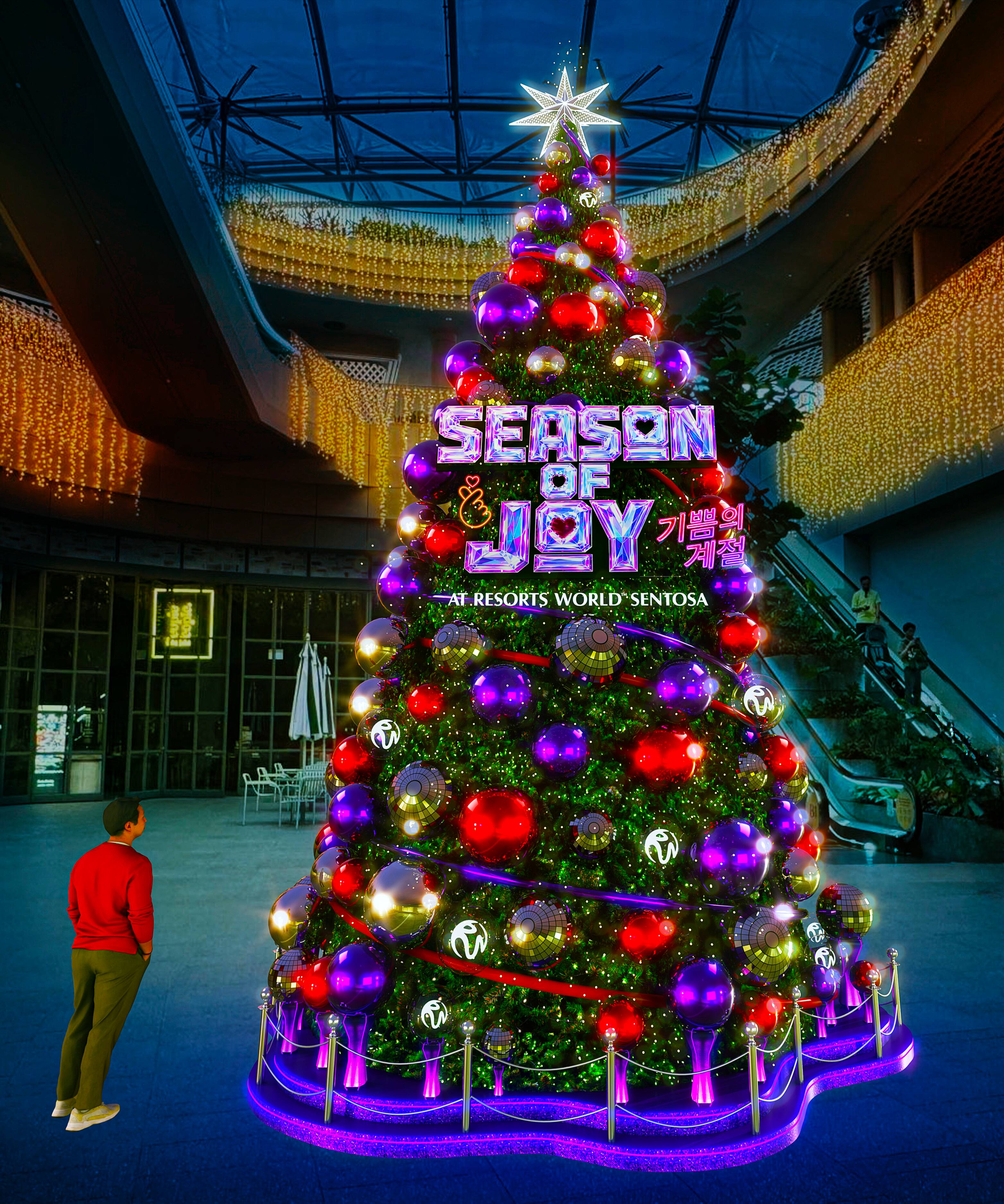 Season of Joy - Resorts World Sentosa - A shimmering eight-metre Christmas tree anchors the celebrations, surrounded by Season of Joy installations across the precinct.
