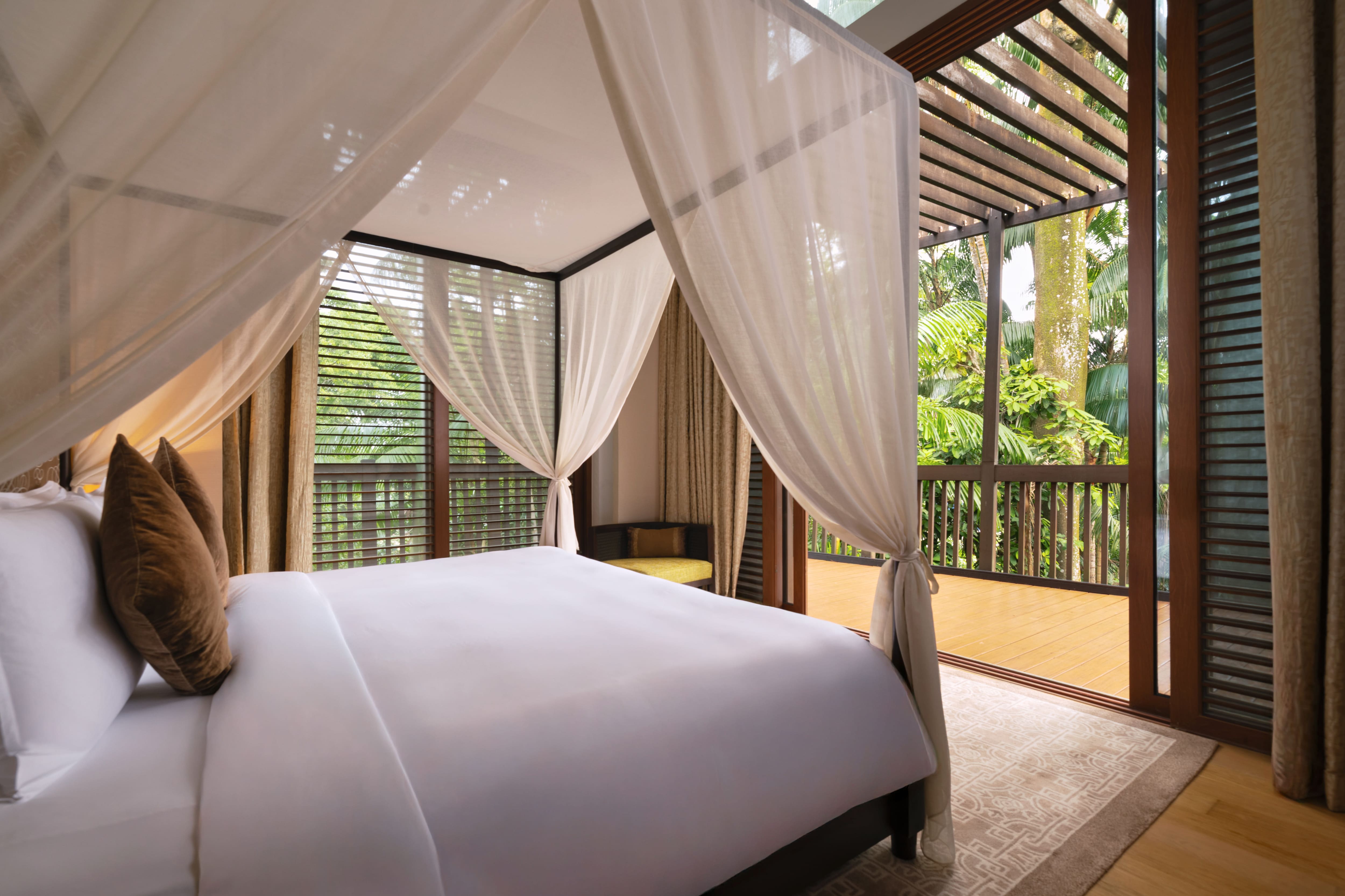 Equarius TreeTop Lofts are two secluded residences, Angsana and Tembusu, set around 12 metres above the ground. Each has 94 sqm of indoor space and an outdoor terrace measuring approximately 96–98 sqm, making this a distinctive choice for couples and small families seeking a nature-focused Sentosa stay.