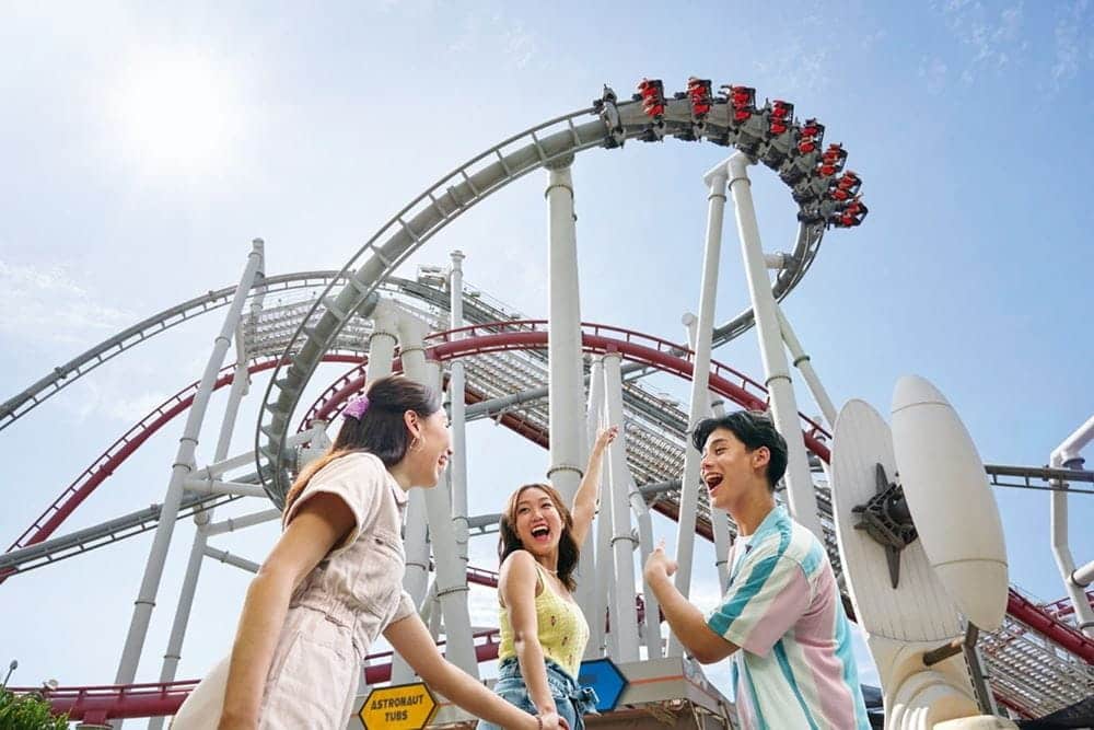 Friends at the Battlestar Galactica roller coaster entrance in Universal Studios Singapore