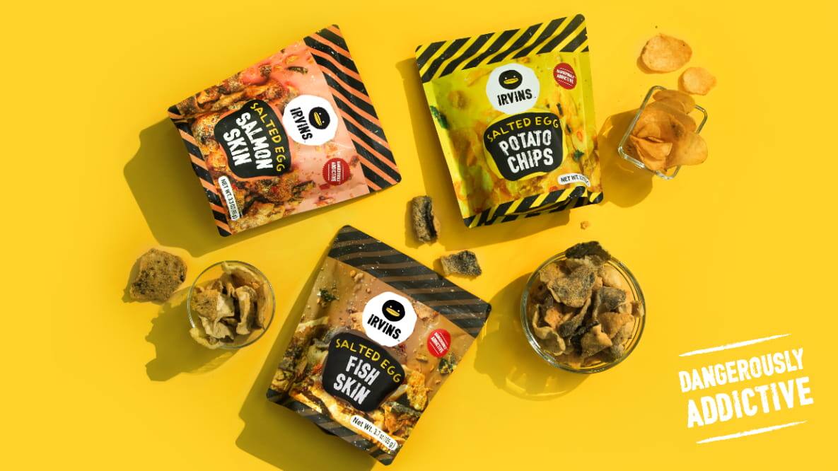 IRVINS brings you the world's #DangerouslyAddictive Salted Egg Fish Skin and Potato Chips.