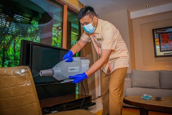 Sanitising furniture with Lufter EA-X3 misting machine
