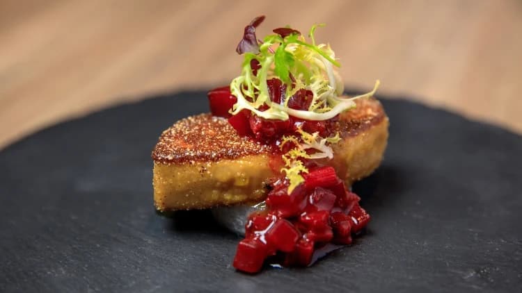 Polenta crumbed foie gras, beetroot and rhubarb compote