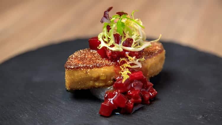 Polenta crumbed foie gras, beetroot and rhubarb compote