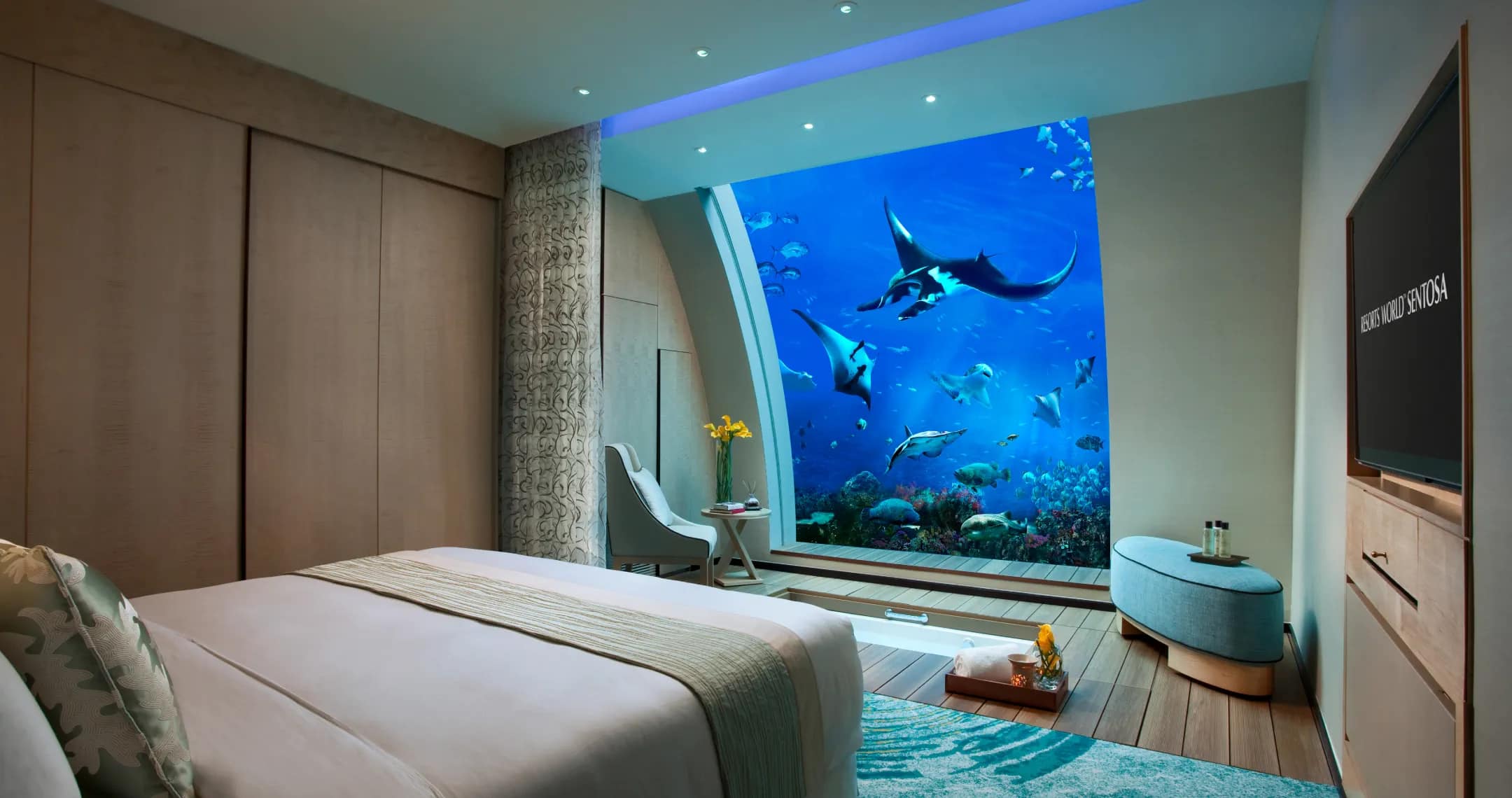 Equarius Ocean Suites hotel room with underwater view of S.E.A. Aquarium